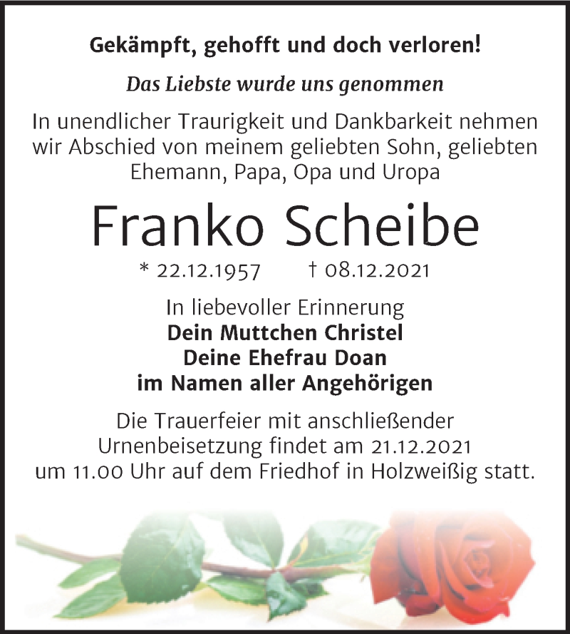  Traueranzeige für Franko Scheibe vom 15.12.2021 aus Trauerkombi Bitterfeld