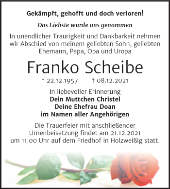 Traueranzeige von Franko Scheibe von Trauerkombi Bitterfeld