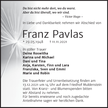 Traueranzeige von Franz Pavlas von Trauerkombi Bitterfeld