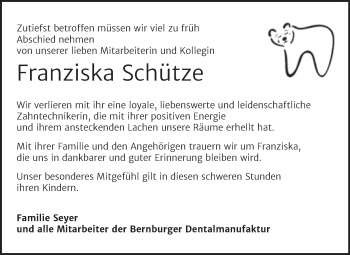 Traueranzeige von Franziska Schütze von Super Sonntag Bernburg