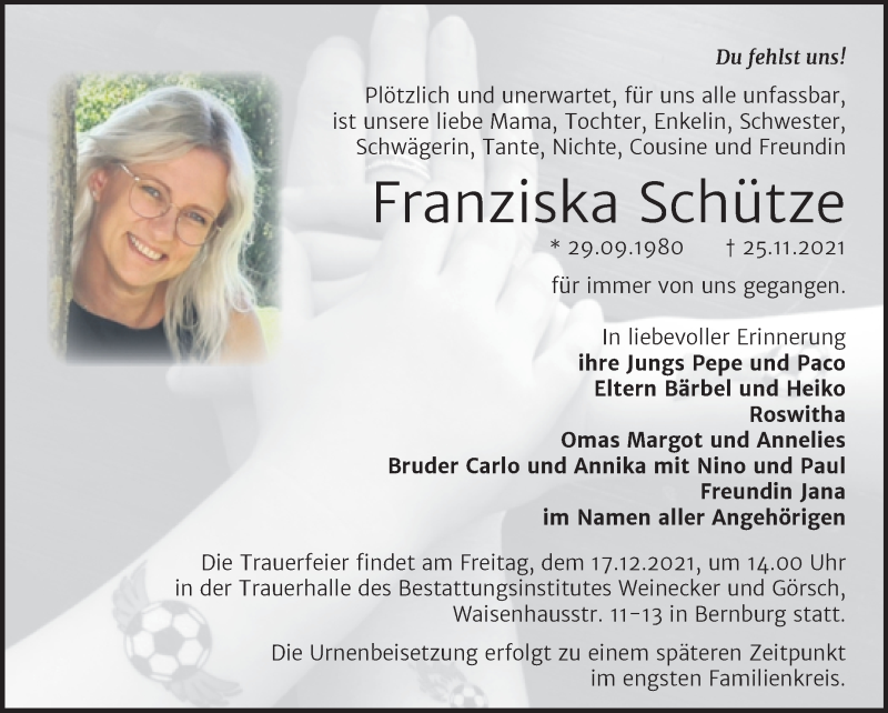  Traueranzeige für Franziska Schütze vom 11.12.2021 aus Trauerkombi Bernburg