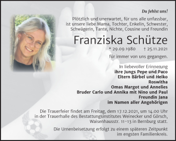 Traueranzeige von Franziska Schütze von Trauerkombi Bernburg