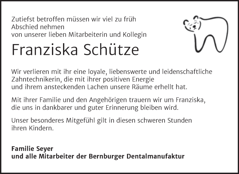  Traueranzeige für Franziska Schütze vom 11.12.2021 aus Super Sonntag Bernburg