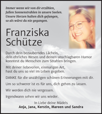 Traueranzeige von Franziska Schütze von Trauerkombi Bernburg