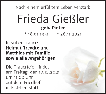 Traueranzeige von Frieda Gießler von Trauerkombi Mansfelder Land