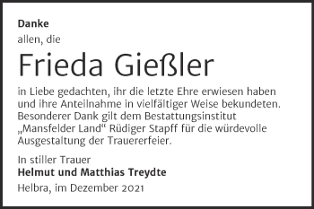 Traueranzeige von Frieda Gießler von Trauerkombi Mansfelder Land