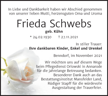 Traueranzeige von Frieda Schwebs von Trauerkombi Mansfelder Land