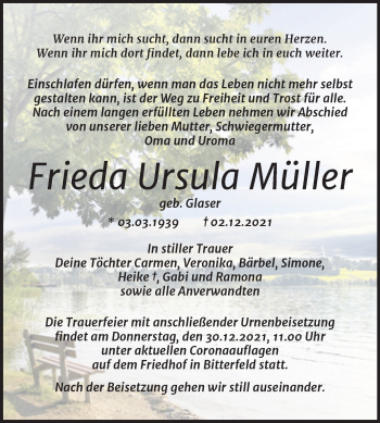 Traueranzeige von Frieda Ursula Müller von Trauerkombi Bitterfeld