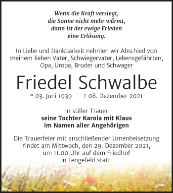 Traueranzeige von Friedel Schwalbe von Wochenspiegel Naumburg/Nebra