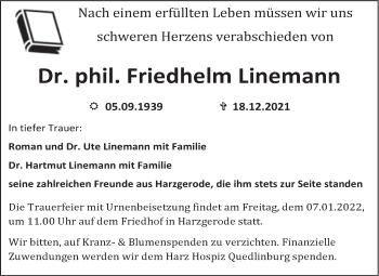 Traueranzeige von Friedhelm Linemann von Trauerkombi Aschersleben