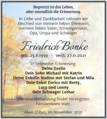 Traueranzeige von Friedrich Bonke von Trauerkombi Köthen