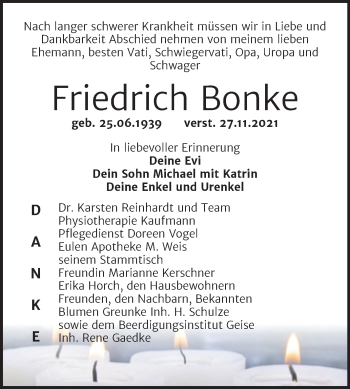 Traueranzeige von Friedrich Bonke von Trauerkombi Köthen