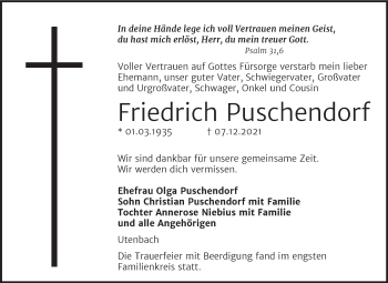 Traueranzeige von Friedrich Puschendorf von Wochenspiegel Naumburg/Nebra