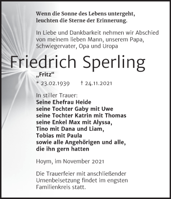 Traueranzeige von Friedrich Sperling von Trauerkombi Aschersleben
