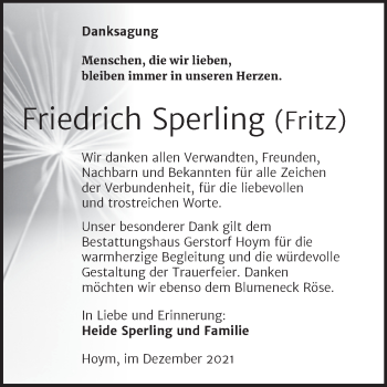 Traueranzeige von Friedrich Sperling von Trauerkombi Aschersleben