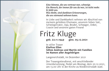 Traueranzeige von Fritz Kluge von Trauerkombi Merseburg