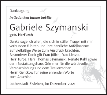 Traueranzeige von Gabriele Szymanski von Trauerkombi Mansfelder Land