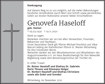 Traueranzeige von Genovefa Haseloff von Trauerkombi Wittenberg