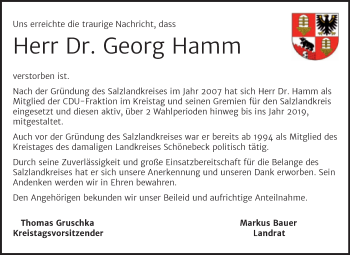 Traueranzeige von Georg Hamm von Super Sonntag Aschersleben