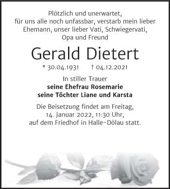 Traueranzeige von Gerald Dietert von Mitteldeutsche Zeitung Halle/Saalkreis