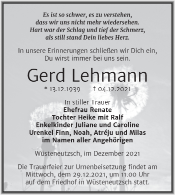 Traueranzeige von Gerd Lehmann von Trauerkombi Merseburg