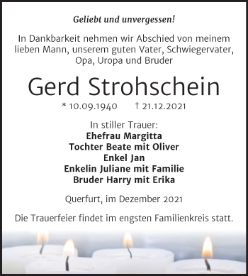 Traueranzeige von Gerd Strohschein von Trauerkombi Merseburg
