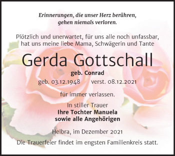 Traueranzeige von Gerda Gottschall von Mitteldeutsche Zeitung Mansfelder Land
