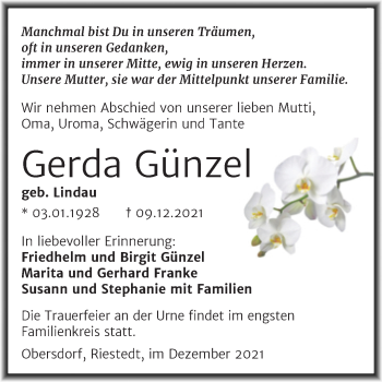Traueranzeige von Gerda Günzel von Trauerkombi Sangerhausen