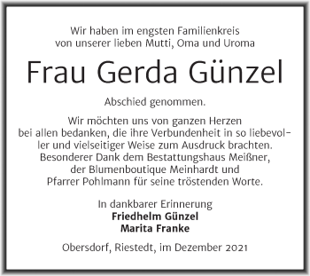 Traueranzeige von Gerda Günzel von Trauerkombi Sangerhausen