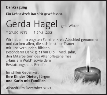 Traueranzeige von Gerda Hagel von Trauerkombi Sangerhausen