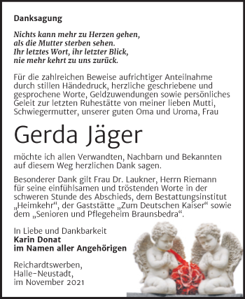 Traueranzeige von Gerda Jäger von Trauerkombi Weißenfels