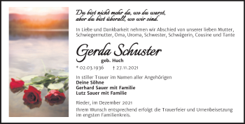 Traueranzeige von Gerda Schuster von Trauerkombi Quedlinburg