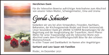 Traueranzeige von Gerda Schuster von Trauerkombi Quedlinburg
