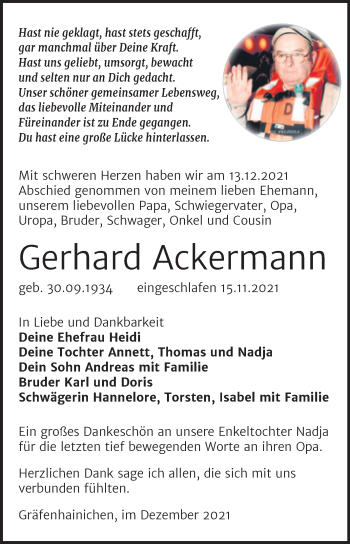 Traueranzeige von Gerhard Ackermann von Trauerkombi Wittenberg
