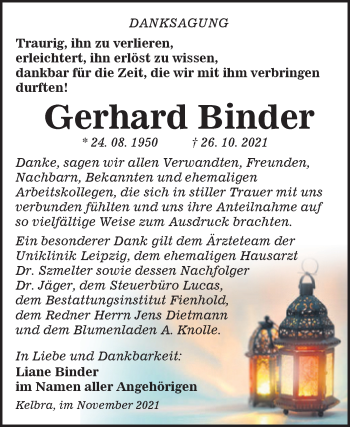 Traueranzeige von Gerhard Binder von Trauerkombi Sangerhausen