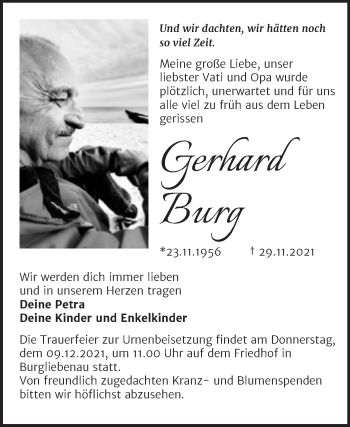 Traueranzeige von Gerhard Burg von Trauerkombi Merseburg