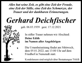 Traueranzeige von Gerhard Deichfischer von Trauerkombi Quedlinburg