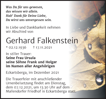 Traueranzeige von Gerhard Falkenstein von Wochenspiegel Naumburg/Nebra