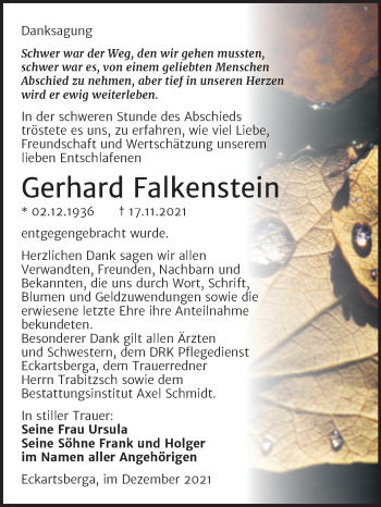 Traueranzeige von Gerhard Falkenstein von Wochenspiegel Naumburg/Nebra
