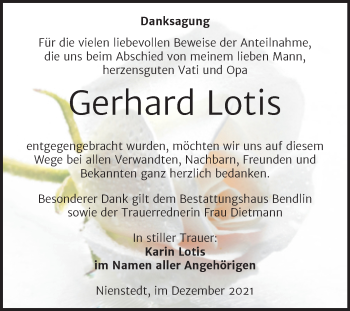 Traueranzeige von Gerhard Lotis von Trauerkombi Sangerhausen