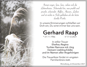 Traueranzeige von Gerhard Raap von Trauerkombi Merseburg
