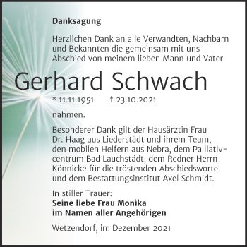 Traueranzeige von Gerhard Schwach von Wochenspiegel Naumburg/Nebra