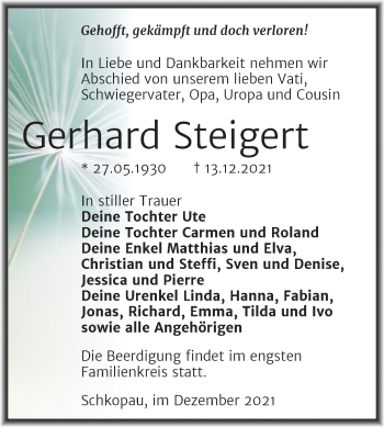 Traueranzeige von Gerhard Steigert von Mitteldeutsche Zeitung Merseburg/Querfurt