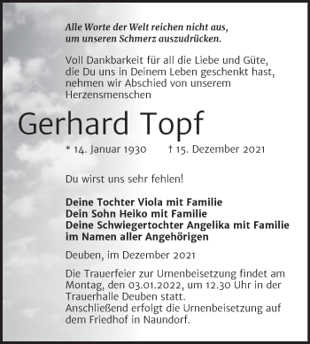 Traueranzeige von Gerhard Topf von Trauerkombi Weißenfels