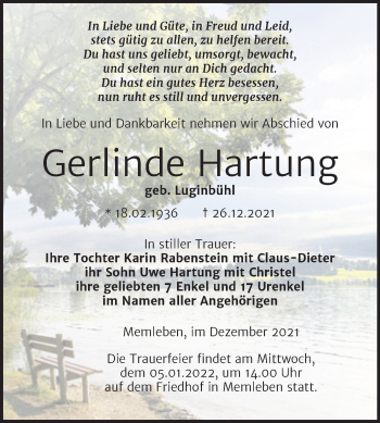 Traueranzeige von Gerlinde Hartung von Naumburger Tageblatt