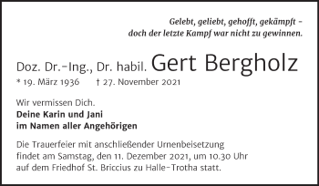 Traueranzeige von Gert Bergholz von Mitteldeutsche Zeitung Halle/Saalkreis