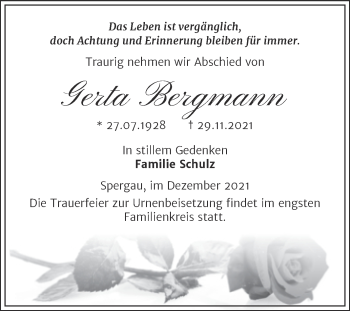 Traueranzeige von Gerta Bergmann von Trauerkombi Merseburg