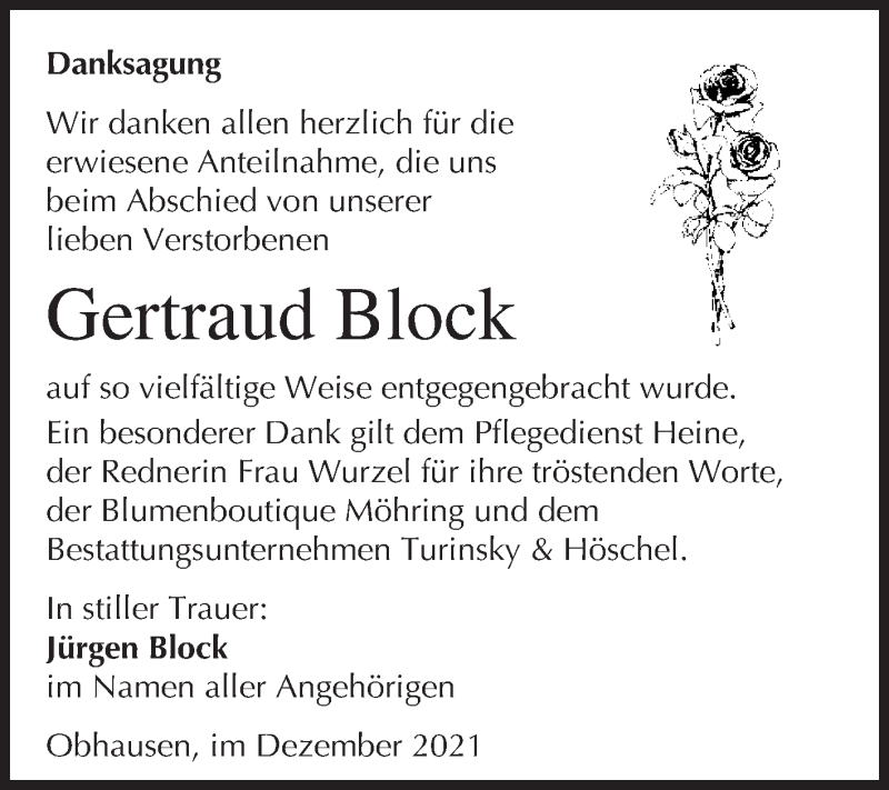  Traueranzeige für Gertraud Block vom 18.12.2021 aus Trauerkombi Merseburg