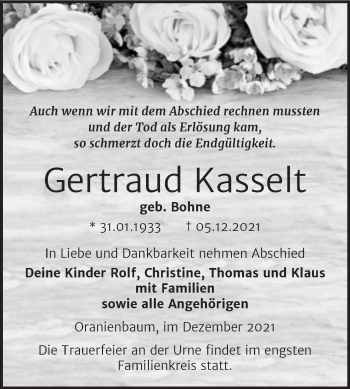 Traueranzeige von Gertraud Kasselt von Trauerkombi Wittenberg