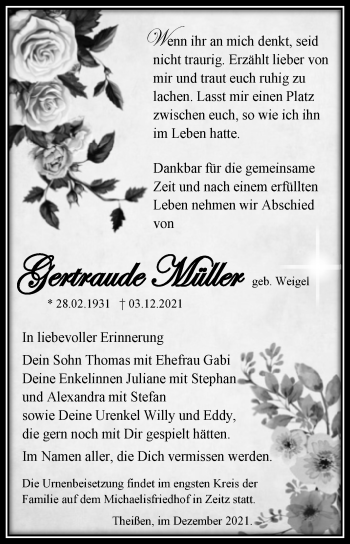 Traueranzeige von Gertraude Müller von Trauerkombi Zeitz